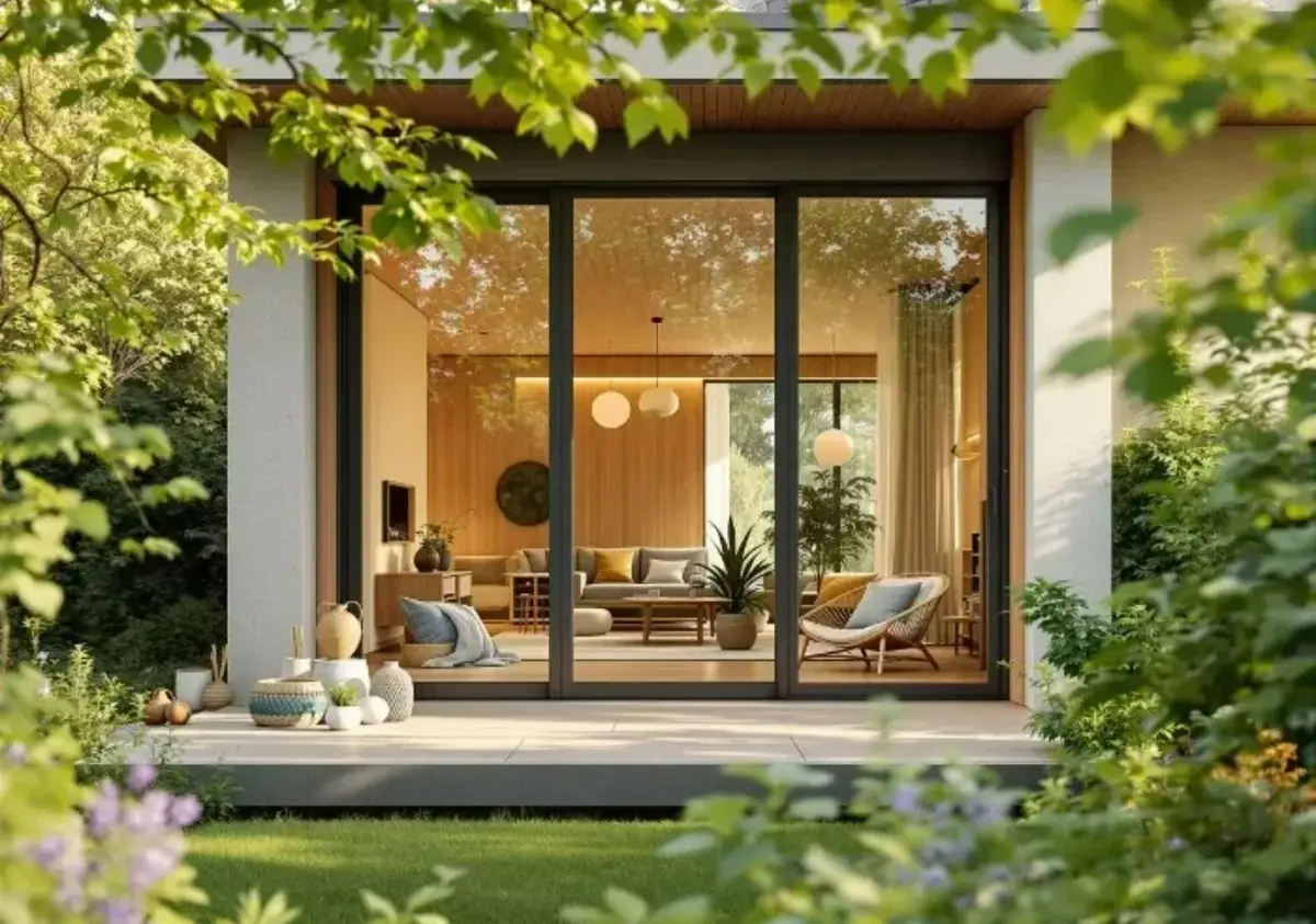 Maison avec jardin et grandes fenêtres