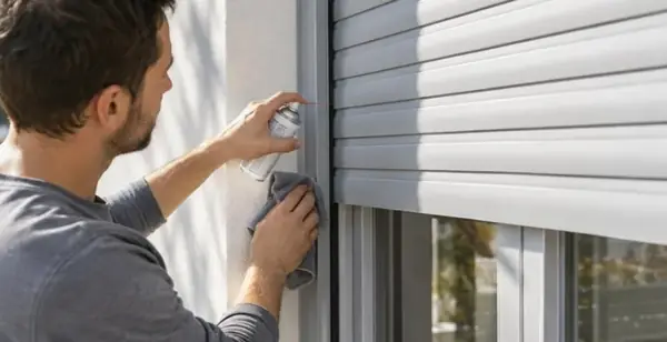 Technicien essuyant le bord d’un volet roulant en aluminium avec un chiffon