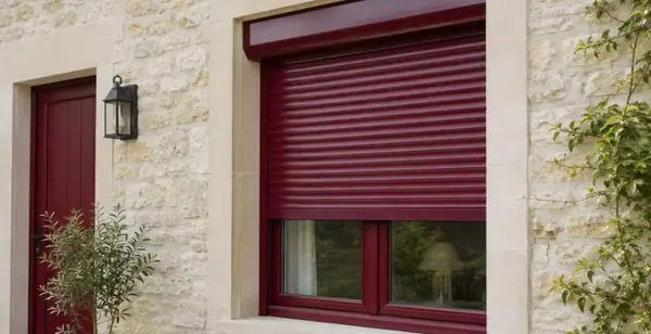 Volet roulant bordeaux posé sur une fenêtre de façade en pierre claire